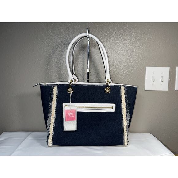 Samantha Vega Fulfilled Love Denim Faux Pearls Tote Bag New NWT - Picture 2 of 12